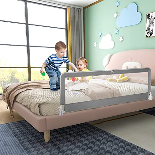 Baby Joy Bed Rails for Toddlers, 59‘’ Extra Long, Swing Down Bed Guard w/Safety Straps, Folding Baby Bedrail for Kids Twin, Double, Full Size Queen & King Mattress (Gray, 59-Inch)