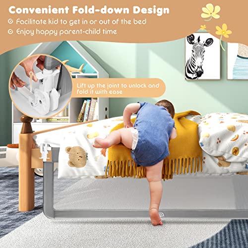 Baby Joy Bed Rails for Toddlers, 59‘’ Extra Long, Swing Down Bed Guard w/Safety Straps, Folding Baby Bedrail for Kids Twin, Double, Full Size Queen & King Mattress (Gray, 59-Inch)