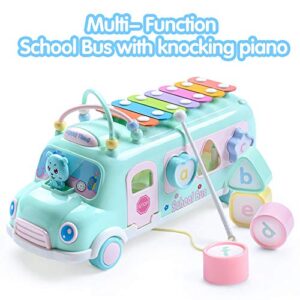efoshm intellectual school bus baby toy, piano music bus toys toddler for 1-3 years,shape puzzles knocking piano educational musical toys gifts for 1 year old boy and girl christmas birthday