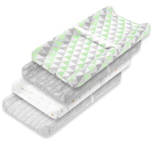 changing pad cover – premium baby changing pad covers 4 pack – boy or girl changing pad cover – pure cotton machine washable grey and white changing table cover – diaper changing pad cover sheets