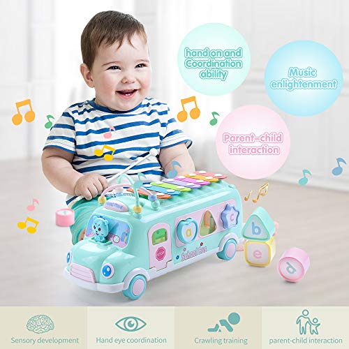 EFOSHM Intellectual School Bus Baby Toy, Piano Music Bus Toys Toddler for 1-3 Years,Shape Puzzles Knocking Piano Educational Musical Toys Gifts for 1 Year Old Boy and Girl Christmas Birthday