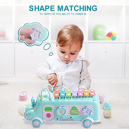 EFOSHM Intellectual School Bus Baby Toy, Piano Music Bus Toys Toddler for 1-3 Years,Shape Puzzles Knocking Piano Educational Musical Toys Gifts for 1 Year Old Boy and Girl Christmas Birthday