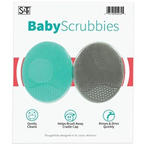 s&t inc. exfoliating and massaging cradle cap bath brushes for baby, silicone - 2 inch x 2.5 inch, grey and teal, 2 pack