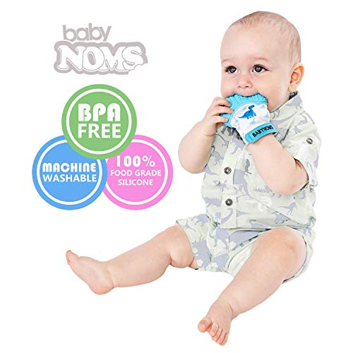 BabyNoms ® Teething Mitten | The Original Teething Paw | Safe Silicone Teething Toy or Teething Ring Provides Self-Soothing Teething Relief | Dino Blue Teether