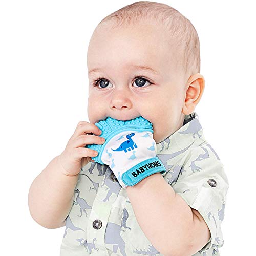 BabyNoms ® Teething Mitten | The Original Teething Paw | Safe Silicone Teething Toy or Teething Ring Provides Self-Soothing Teething Relief | Dino Blue Teether