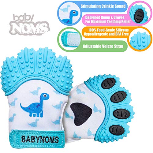 BabyNoms ® Teething Mitten | The Original Teething Paw | Safe Silicone Teething Toy or Teething Ring Provides Self-Soothing Teething Relief | Dino Blue Teether