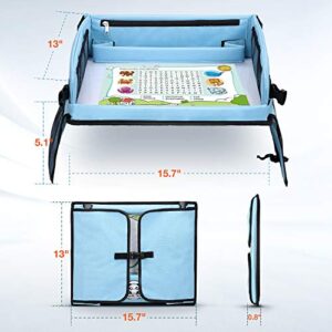 Upgraded Kids Travel Tray with Dry Erase Top Car Seat Travel Tray with 16 Organizer Pockets for Car Stroller Plane With 5 Educational Drawing Blue