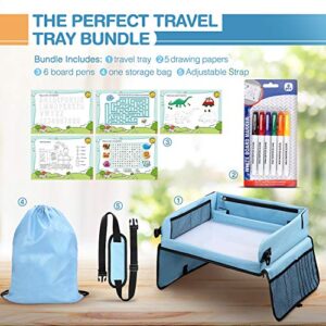 Upgraded Kids Travel Tray with Dry Erase Top Car Seat Travel Tray with 16 Organizer Pockets for Car Stroller Plane With 5 Educational Drawing Blue