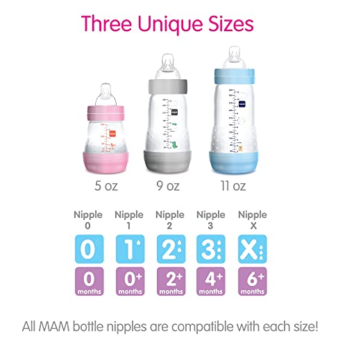 MAM Easy Start Anti-Colic Bottle, Baby Essentials, Medium Flow Bottles with Silicone Nipple, Unisex Baby Bottles, Designs May Vary, 9 oz (3-Count),