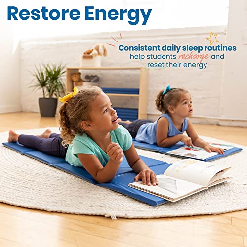 ECR4Kids Everyday Folding Rest Mat, 4-Section, 5/8in, Classroom Furniture, Blue/Grey, 5-Pack