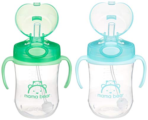 Amazon Brand - Mama Bear Weighted Straw Sippy Cup, Pack of 2, Blue/Green