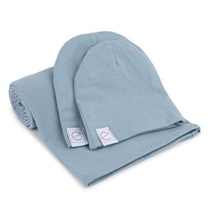 ely's & co. cotton knit jersey swaddle blanket and 2 beanie baby hats gift set, large receiving blanket (dusty blue)