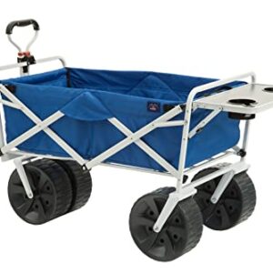 MacSports All Terrain Beach Wagon with Side Table|Heavy Duty Collapsible Folding Cart with Large Wheels for Beach Day, Picnic, Camping, Outdoor Activities | Blue/White