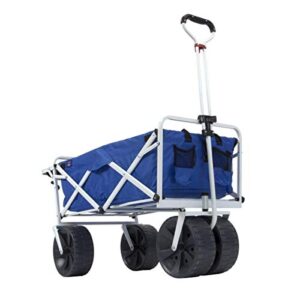 MacSports All Terrain Beach Wagon with Side Table|Heavy Duty Collapsible Folding Cart with Large Wheels for Beach Day, Picnic, Camping, Outdoor Activities | Blue/White