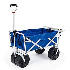 MacSports All Terrain Beach Wagon with Side Table|Heavy Duty Collapsible Folding Cart with Large Wheels for Beach Day, Picnic, Camping, Outdoor Activities | Blue/White