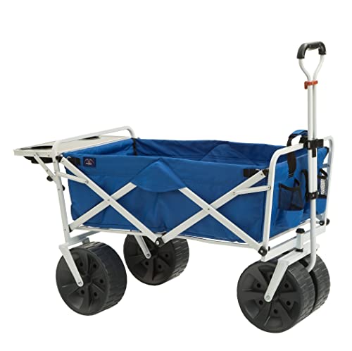 MacSports All Terrain Beach Wagon with Side Table|Heavy Duty Collapsible Folding Cart with Large Wheels for Beach Day, Picnic, Camping, Outdoor Activities | Blue/White