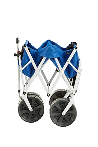 MacSports All Terrain Beach Wagon with Side Table|Heavy Duty Collapsible Folding Cart with Large Wheels for Beach Day, Picnic, Camping, Outdoor Activities | Blue/White