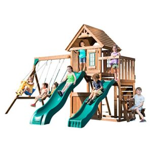 swing-n-slide ws 8353 knightsbridge deluxe wooden swing set with two slides, climbing wall, swings, glider & picnic table, wood