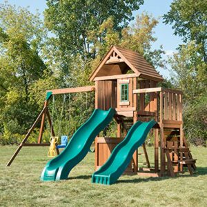Swing-N-Slide WS 8353 Knightsbridge Deluxe Wooden Swing Set with Two Slides, Climbing Wall, Swings, Glider & Picnic Table, Wood