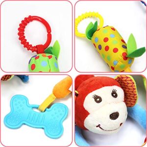 Joyshare 4 PCS Baby Soft Hanging Rattle Crinkle Squeaky Toy - Baby Toys for 0 3 6 9 to 1 Animal Ring Plush Stroller Infant Car Bed Crib Travel Activity Hanging Wind Chime with Teether for Boys Girls