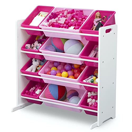 Delta Children Kids Toy Storage Organizer with 12 Plastic Bins - Greenguard Gold Certified, White/Pink