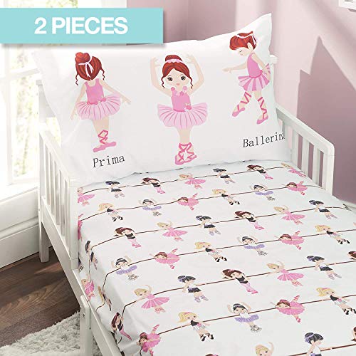EVERYDAY KIDS Toddler Fitted Sheet and Pillowcase Set -Born to Dance Ballerina- Soft Microfiber, Breathable and Hypoallergenic Toddler Sheet Set