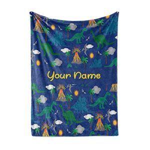 personalized corner custom dark blue dinosaur fleece throw blanket for kids - boys girls baby toddler infants blankets for bed (30x40 inches)