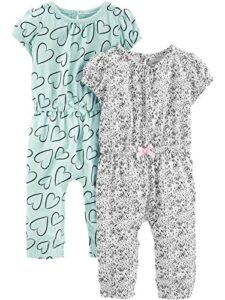 simple joys by carter's baby girls' fashion jumpsuits, pack of 2, grey dots/mint green hearts, 12 months