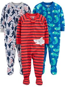 simple joys by carter's baby boys' loose-fit polyester jersey footed pajamas, pack of 3, chameleon/shark/stripe, 18 months