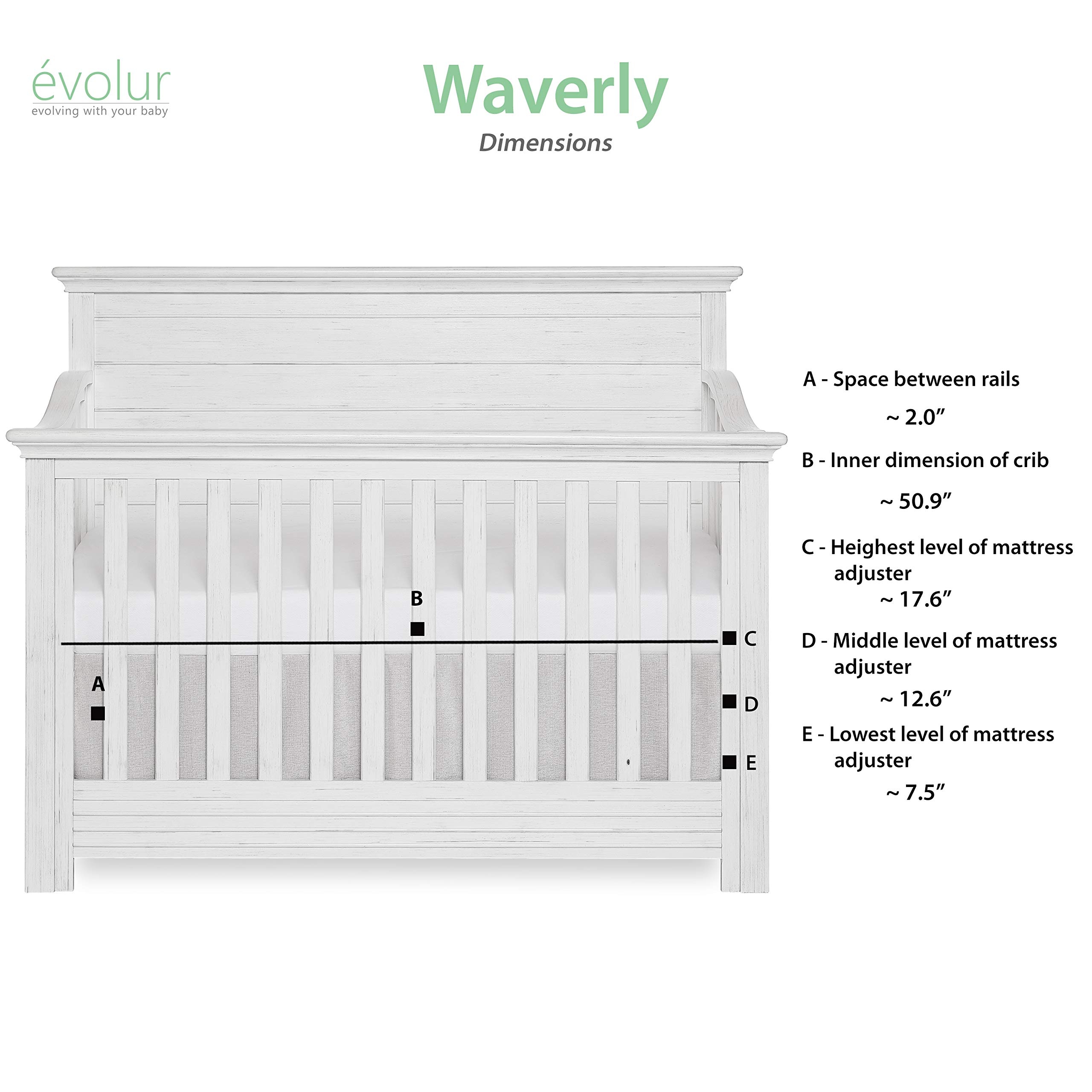 Evolur Waverly 5-in-1 Full Panel Convertible Crib in Weathered White, Greenguard Gold Certified 58.75x31.25x46.5 Inch (Pack of 1)