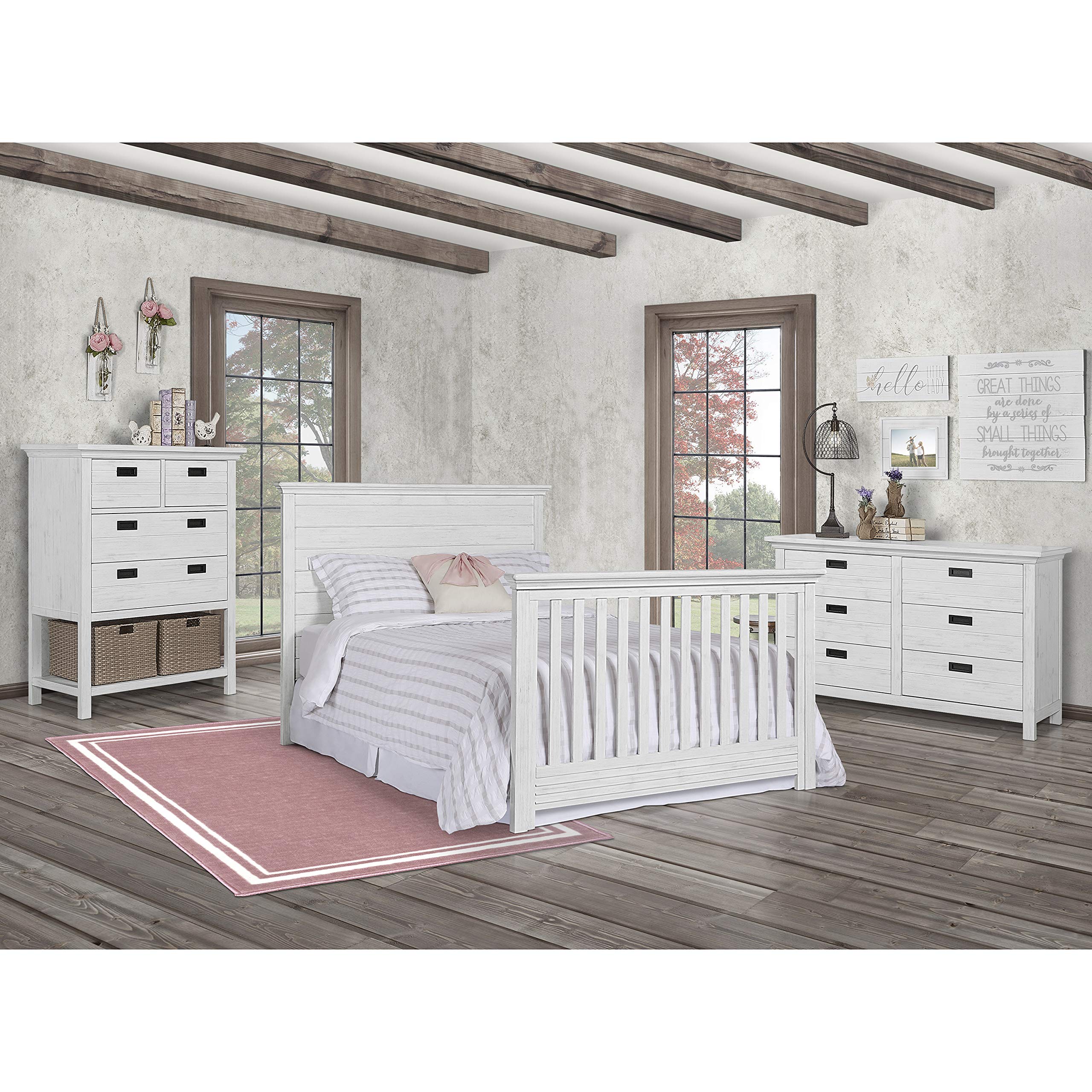 Evolur Waverly 5-in-1 Full Panel Convertible Crib in Weathered White, Greenguard Gold Certified 58.75x31.25x46.5 Inch (Pack of 1)