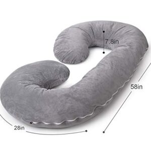 INSEN Pregnancy Pillows, C Shaped Pillows for Sleeping Support, Maternity Body Pillow Pregnant Women with Removable Velvet Cover, Gray, 58 Inch