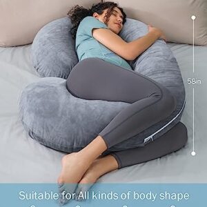 INSEN Pregnancy Pillows, C Shaped Pillows for Sleeping Support, Maternity Body Pillow Pregnant Women with Removable Velvet Cover, Gray, 58 Inch