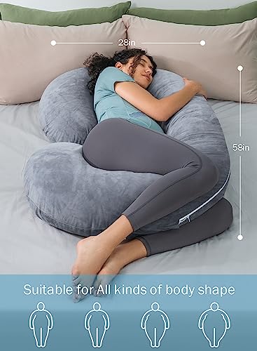 INSEN Pregnancy Pillows, C Shaped Pillows for Sleeping Support, Maternity Body Pillow Pregnant Women with Removable Velvet Cover, Gray, 58 Inch