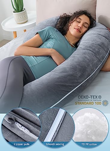 INSEN Pregnancy Pillows, C Shaped Pillows for Sleeping Support, Maternity Body Pillow Pregnant Women with Removable Velvet Cover, Gray, 58 Inch