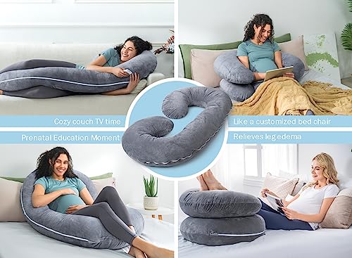 INSEN Pregnancy Pillows, C Shaped Pillows for Sleeping Support, Maternity Body Pillow Pregnant Women with Removable Velvet Cover, Gray, 58 Inch