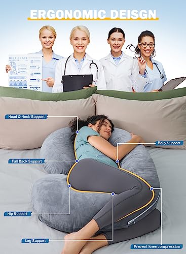 INSEN Pregnancy Pillows, C Shaped Pillows for Sleeping Support, Maternity Body Pillow Pregnant Women with Removable Velvet Cover, Gray, 58 Inch