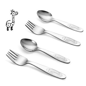 funnuo 4 pack toddler utensils, 18/8 stainless steel toddler forks and spoons, safe kid silverware set for self feeding, children flatware sets with mirror polished，dishwasher safe