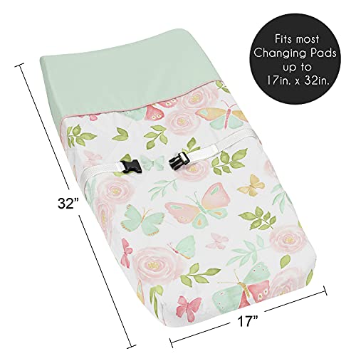 Sweet Jojo Designs Blush Pink, Mint and White Watercolor Rose Changing Pad Cover for Butterfly Floral Collection