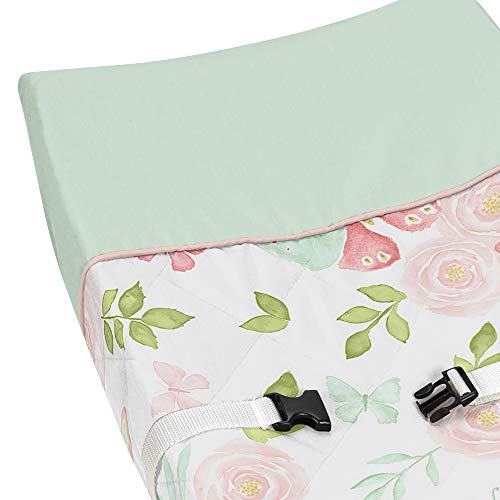 Sweet Jojo Designs Blush Pink, Mint and White Watercolor Rose Changing Pad Cover for Butterfly Floral Collection