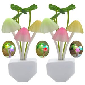 2 pack sensor led night lights, color changing plug-in led mushroom dream bed lamp for kids children adults, dusk to dawn sensor auto on/off, funny wall decor gifts for nursery baby bed flower lamp