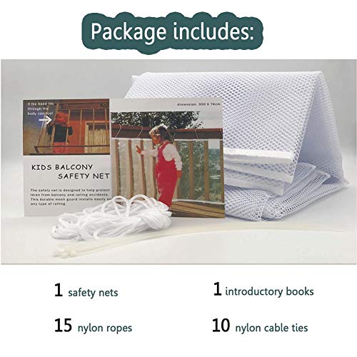 Child Safety Rail Net for Balcony, Patios, Railing and Stairs. Security Guards for Kids/Pet/Toy Both Indoors and Outdoors. 10ft x2.5ft, Sturdy Mesh Fabric Material. (White)