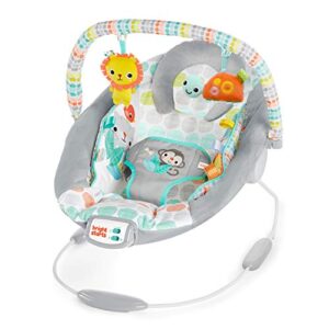 bright starts comfy baby bouncer soothing vibrations infant seat - taggies, music, removable-toy bar, 0-6 months up to 20 lbs (whimsical wild)