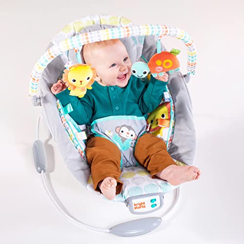 Bright Starts Comfy Baby Bouncer Soothing Vibrations Infant Seat - Taggies, Music, Removable-Toy Bar, 0-6 Months Up to 20 lbs (Whimsical Wild)