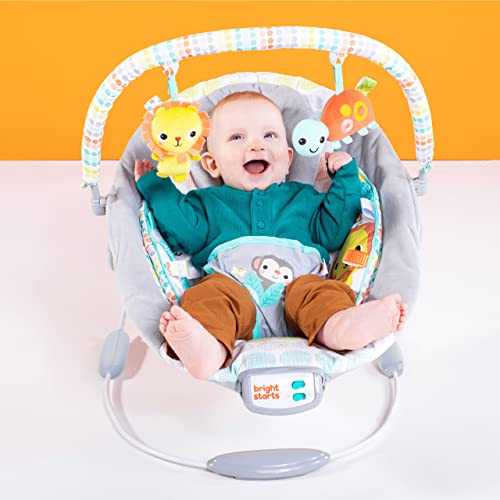 Bright Starts Comfy Baby Bouncer Soothing Vibrations Infant Seat - Taggies, Music, Removable-Toy Bar, 0-6 Months Up to 20 lbs (Whimsical Wild)