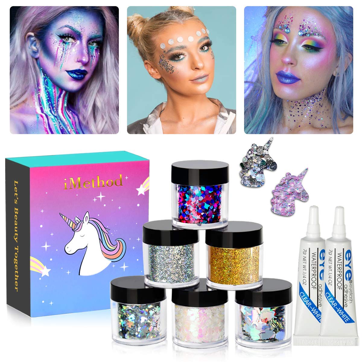 iMethod Body Glitter - 6 Jars Holographic Cosmetic Face Glitter, for Festival & Halloween Alien Makeup