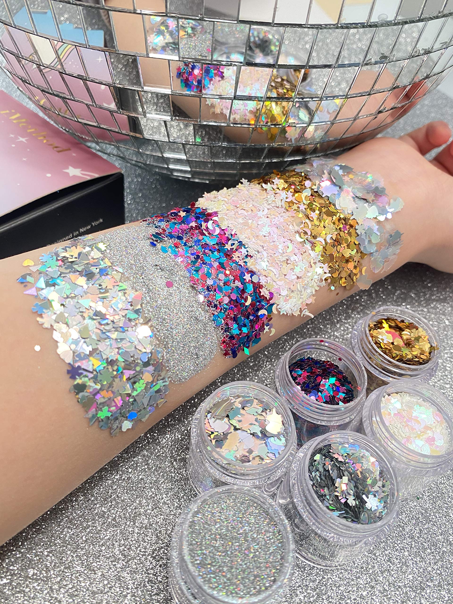 iMethod Body Glitter - 6 Jars Holographic Cosmetic Face Glitter, for Festival & Halloween Alien Makeup