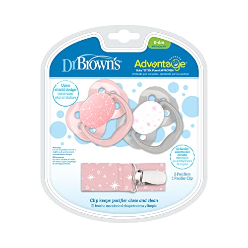 Dr. Brown's Advantage Symmetrical Pacifier with Air Flow & Pacifier Clip, Pink, 2-Pack, 0-6m