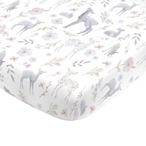 nojo super soft floral deer nursery crib fitted sheet, grey, light blue, pink, white 1 count (pack of 1)