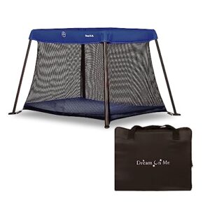 dream on me travel light playard in blue, lightweight, portable and easy to carry baby playard, indoor and outdoor - with a soft and comfortable mattress pad
